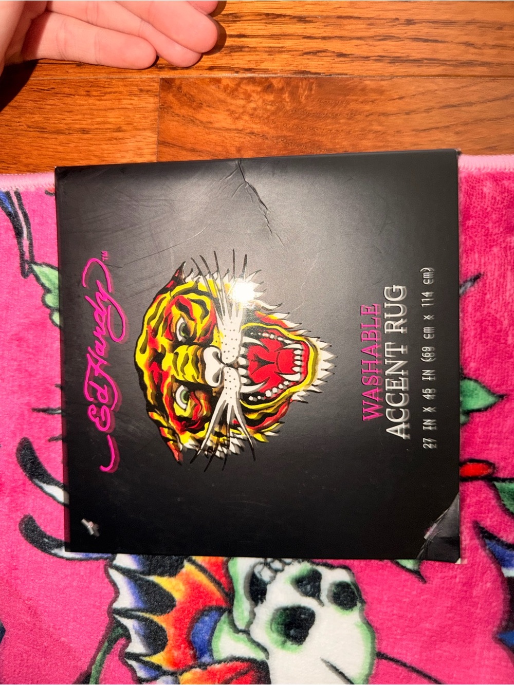 Ed Hardy Pink Accent Rug with Vibrant Tiger and Skull Motifs